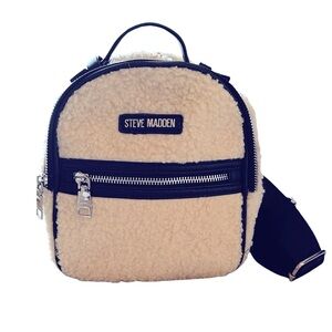 Steve Madden Mini Sherpa Adjustable Backpack Bag | Cream and Black